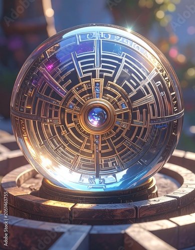A crystal ball sits on a stone pedestal with etched maze designs and glowing light