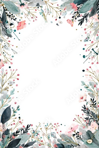 Delicate floral square frame built from sewing items in pastel watercolor illustration