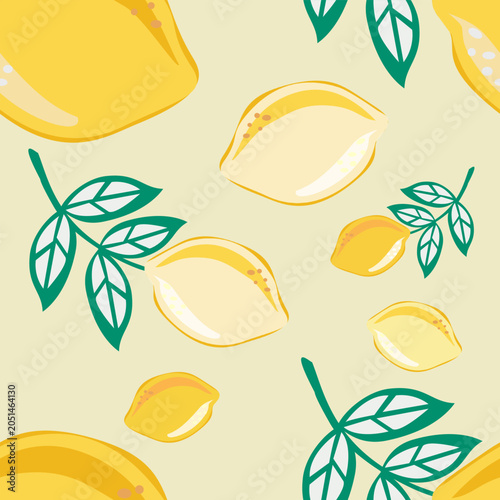 Seamless lemon pattern with fresh citrus fruits and green leaves on a soft neutral background. Bright, cheerful and hand-drawn style, perfect for textile prints, wrapping paper, packaging, and decor.