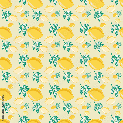 Seamless lemon pattern with fresh citrus fruits and green leaves on a soft neutral background. Bright, cheerful and hand-drawn style, perfect for textile prints, wrapping paper, packaging, and decor.
