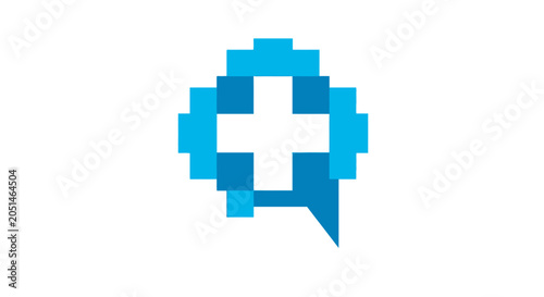 Pixelated blue medical chat bubble icon on white background