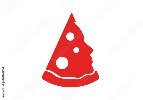 Pizza slice icon with human face profile in red