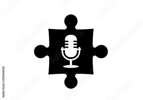 Podcast microphone icon inside black puzzle piece logo