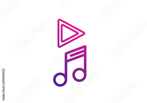 Play button and music note icon with purple pink gradient