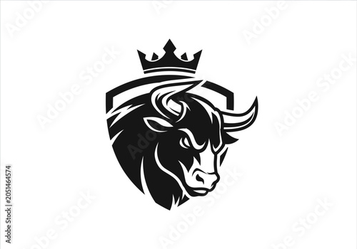 Powerful bull head logo with crown and shield design
