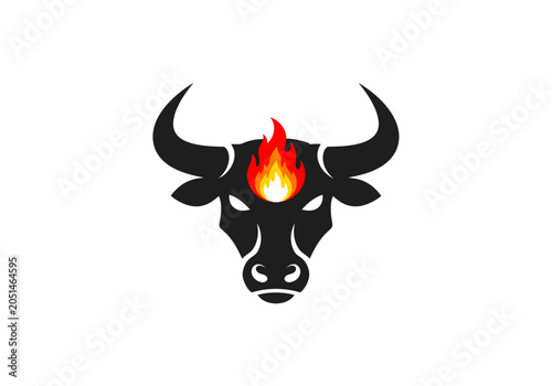 Powerful bull head logo with burning flame on forehead