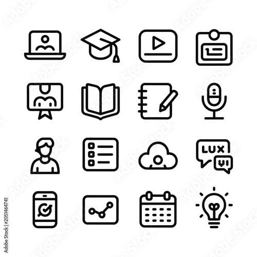 Minimalist online education icons set, 16 e-learning vector line symbols, digital school and remote study interface elements for web design