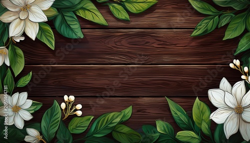 dark wood background with green leaves and white flowers in corners