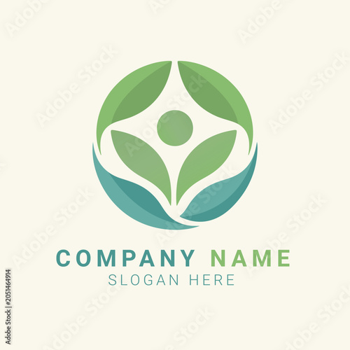 Main Title: Abstract Human and Leaves Circular Logo. Minimalist Wellness and Nature Branding Icon