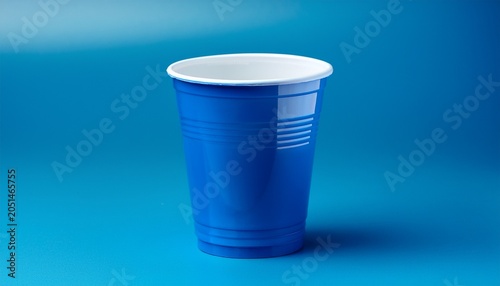 blue plastic disposable party cup with white rim
