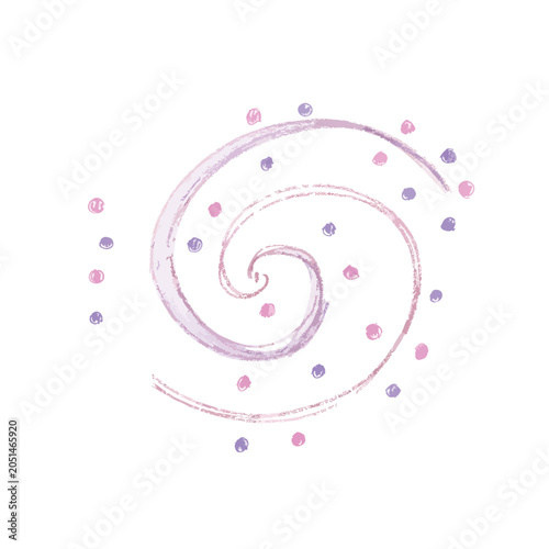 Minimalist hand drawn pastel spiral galaxy with floating polka dots.