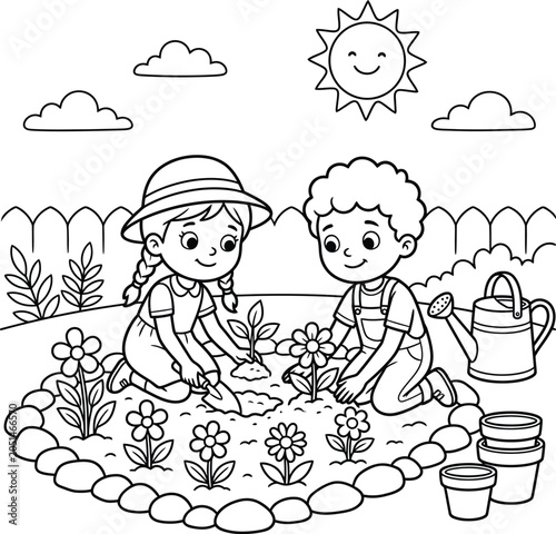 Two children wearing gardening hats and overalls are busily planting elegant flowers in a sunny backyard garden on a warm day.