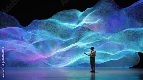 Business presenter with digital data wave background