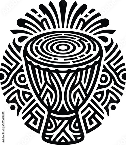 Obraz na plátně A elaborate monochromatic tribal rendering featuring an intricate djembe drum centerpiece with ornate geometric patterns