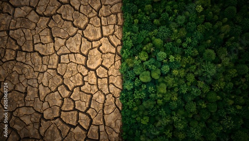 A dramatic aerial top-down view showing a stark contrast between cracked, dry desert earth suffering from severe drought and a thriving, dense green forest.