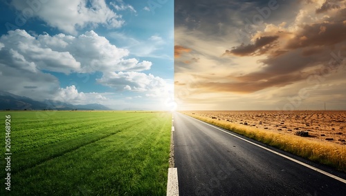 A metaphorical asphalt road cutting through a vast landscape, dividing a bright sunny green field from a dark, hazy, dried-up desert terrain under an overcast sky.