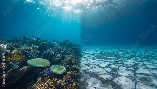 A striking underwater split-scene depicting a thriving, colorful coral reef teeming with marine life on the left, contrasting with a completely bleached, dead, and cracked white seabed on the right.