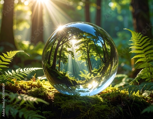A crystal ball sits on mossy forest floor reflecting trees and sunlight