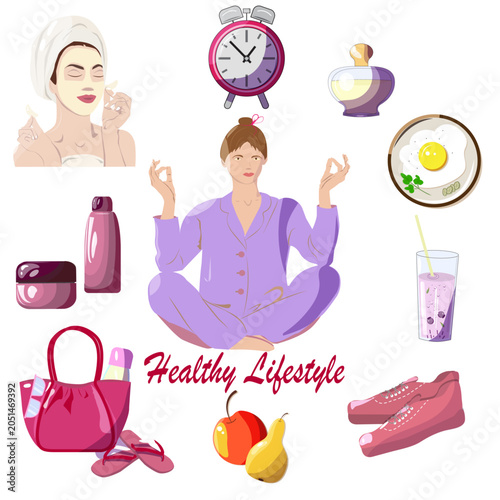 A collection of healthy lifestyle elements. Sports, skin care, meditation, proper nutrition, and relaxation.

