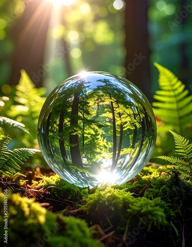 A crystal ball sits on mossy forest floor reflecting trees