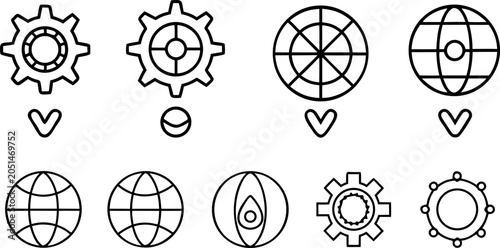 Konstfotografi A series of eight distinct, minimalistic line-art icons, arranged in two rows of four