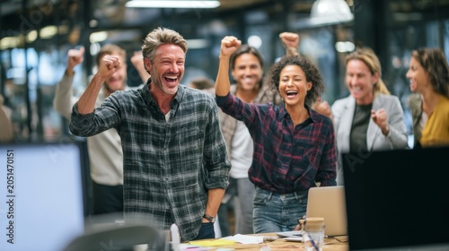 Entrepreneurs Celebrating Successful Product Launch in Modern Office Environment with Enthusiastic Expressions