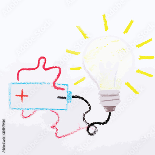 Crayon drawing of a battery connected to a glowing light bulb.