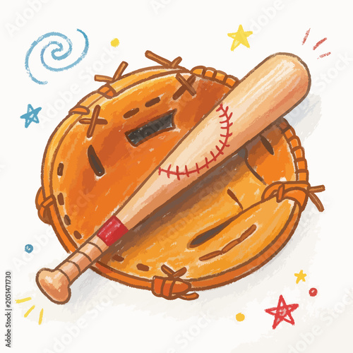 Hand Drawn Illustration of a Baseball Glove and Wooden Bat.