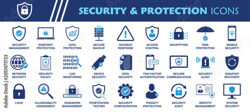 Security and Protection Icon Set. Collection of Log Monitoring, Encryption, Two Factor Authentication, Privacy, Lock, Access Control, Penetration Testing and More Icons. Editable Flat Vector.