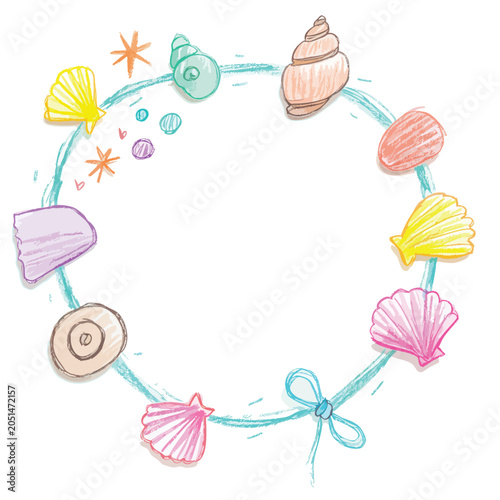 Hand drawn circular wreath made of colorful seashells and starfish.