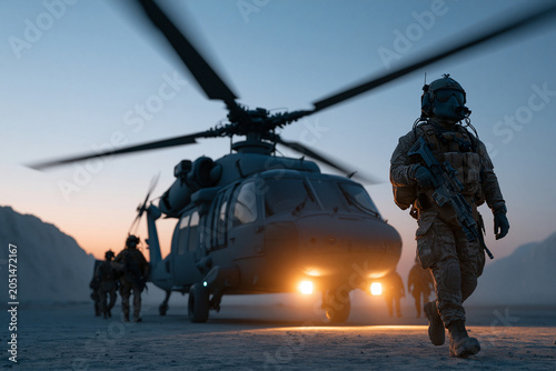 Soldiers readying by chopper at dusk