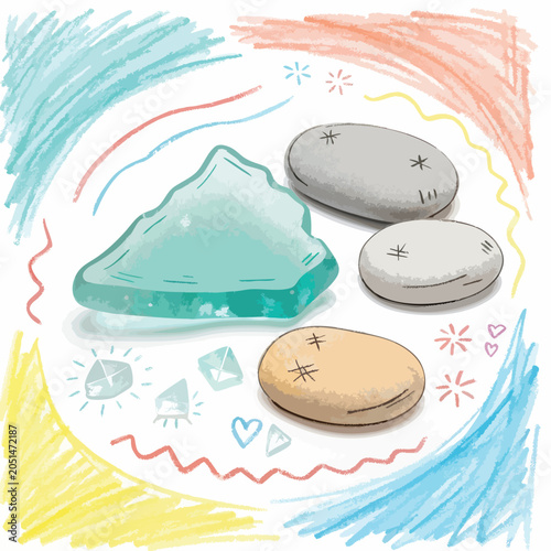 A collection of smooth sea glass and beach stones.