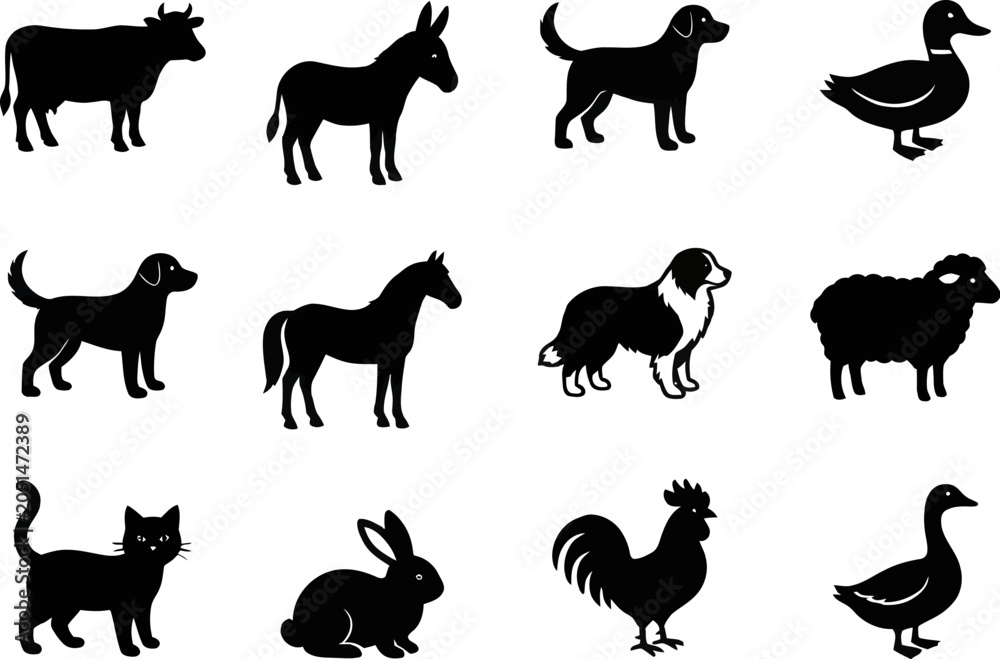 Obraz premium Black silhouettes of various farm and domestic animals
