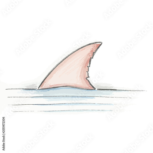 Hand drawn watercolor shark fin emerging from ocean water.