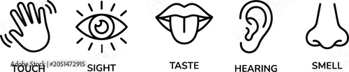 Black and white line art illustration of five human senses icons