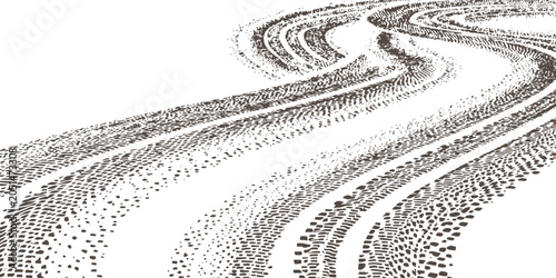 Obraz na plátně Abstract brown winding tire tracks with grunge dirt texture on white background for off-road design vector illustration