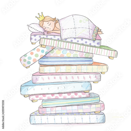 Cute princess sleeping on a high stack of many mattresses.
