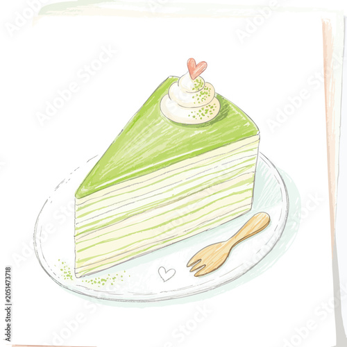 Hand drawn illustration of a delicious matcha green tea crepe cake slice.
