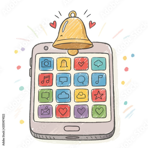 Hand drawn illustration of a smartphone with a notification bell icon and colorful app icons.
