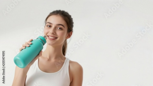 Young Woman Joyfully Drinks From Turquoise Water Bottle