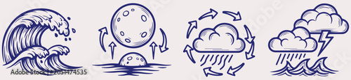 Foto Ocean Weather Icon Collection Featuring Sea Wave Moon Crab Cloud Lightning and M