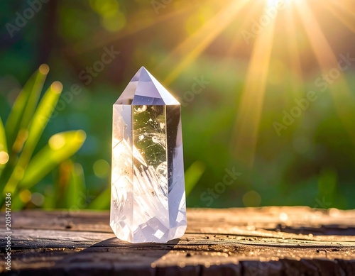 A crystal object sits on a wooden surface in a sunny outdoor setting with greenery