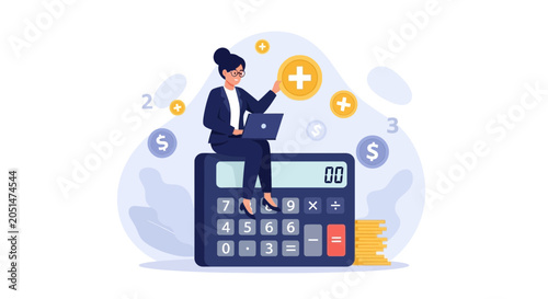 Woman sitting on calculator with laptop, managing finances, coins, and money symbols. Business finance illustration.