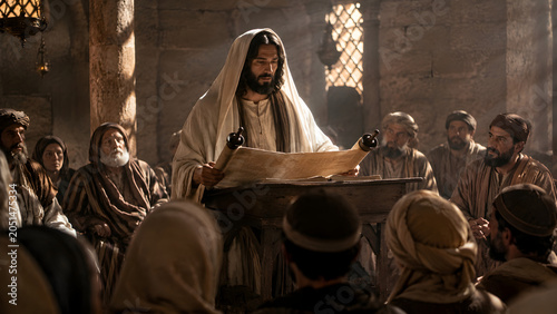 A cinematic depiction of Jesus Christ standing at a wooden lectern, reading from a large ancient scroll to a gathering of people in a stone synagogue.