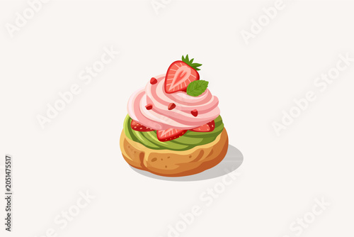 Foto Matcha choux à la crème with strawberry whipped cream swirl and mint leaf decoration