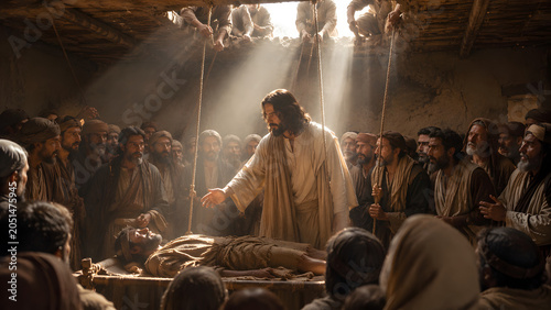 A cinematic depiction of Jesus standing in a crowded room, reaching out to heal a paralyzed man who has been lowered down on a stretcher through the roof.