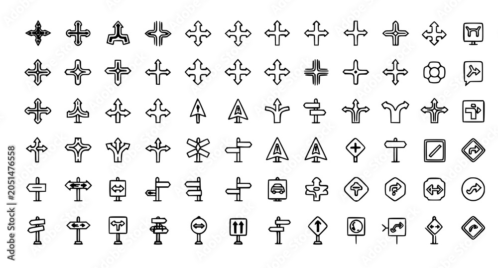 Obraz premium Direction and navigation icon collection with three way road sign arrow symbols vector illustration