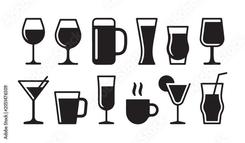 Fotografia Alcohol and hot drinks icons, set of wine glasses, beer mug, coffee cup, cocktails