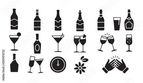 Foto Black silhouette icons showing bottles glasses and celebratory cheers for holiday designs