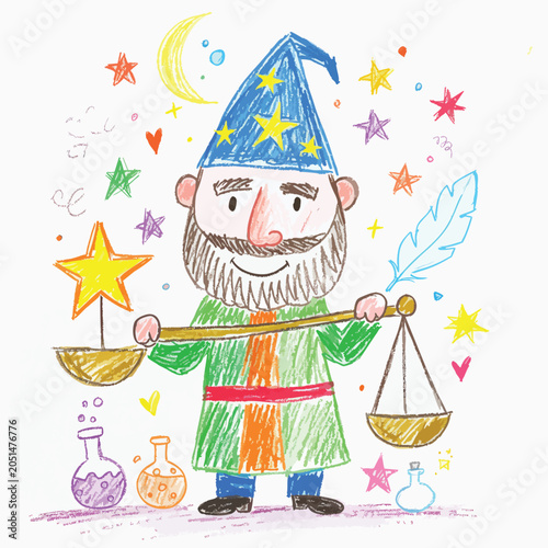 Crayon drawing of a magical wizard holding a balance scale.